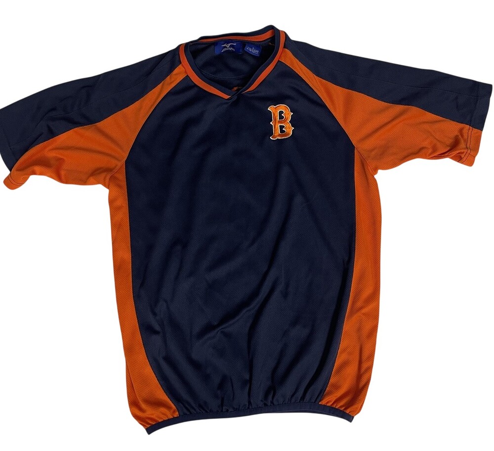 Mizuno Shirt Mens Large Blue Orange Raglan Baseball Pullover Jersey "B" Logo